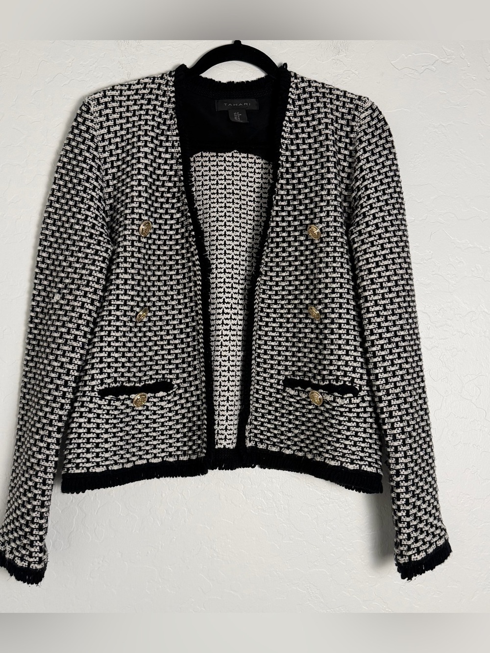 Tahari Women's Medium Blazer Black/White with Fringe Trim Office to Casual Wear